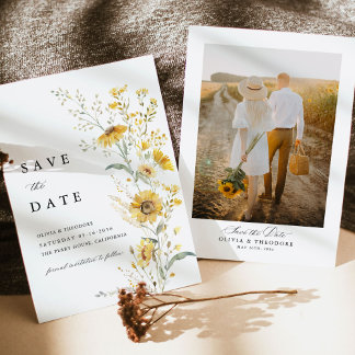 Gelbe Wildblumen-Sonnenblumen-Hochzeits-Fotohinter Save The Date