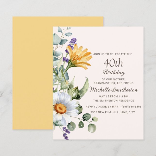 Gelbe Wildblumen Weiße Nadeln 40. Geburtstag (Vorne/Hinten)