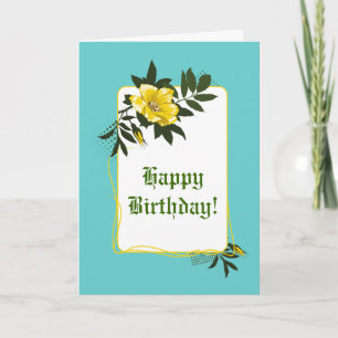 Gelbe wilde Rose aqua-blumiges Happy Birthday Karte