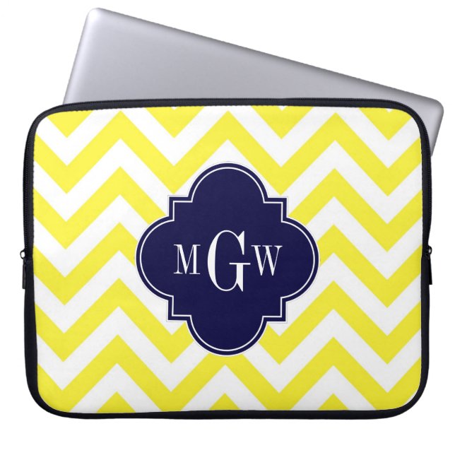 Gelbe Zickzack Navy-Quatrefolie 3 Monogramm Laptopschutzhülle (Vorderseite)