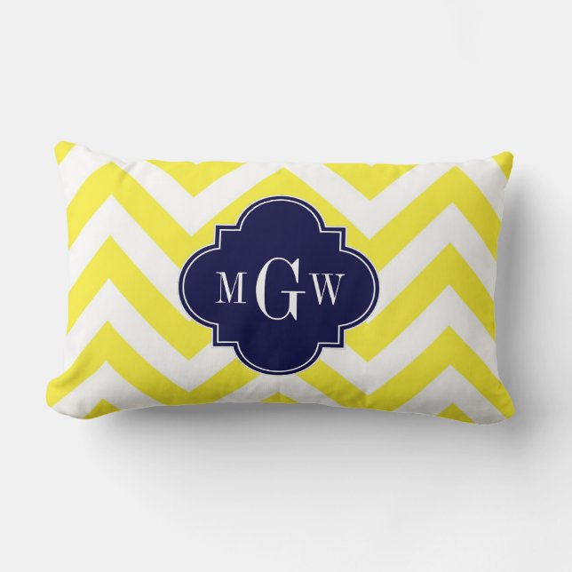 Gelbe Zickzack Navy-Quatrefolie 3 Monogramm Lendenkissen (Vorderseite)