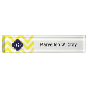 Gelbe Zickzack Navy-Quatrefolie 3 Monogramm Namensplakette