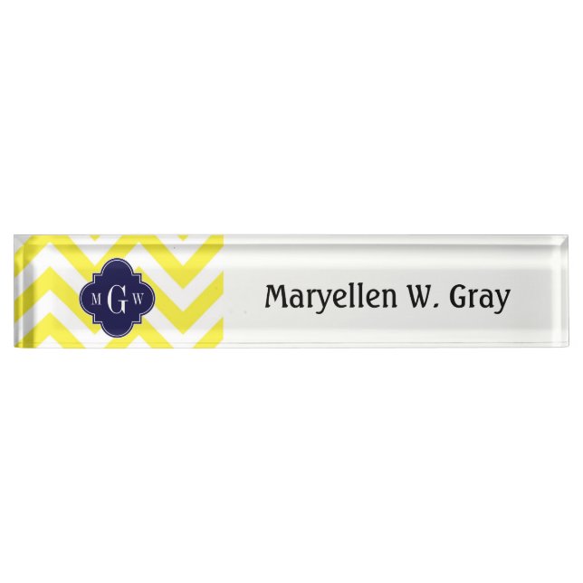 Gelbe Zickzack Navy-Quatrefolie 3 Monogramm Namensplakette (Vorderseite)