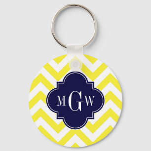 Gelbe Zickzack Navy-Quatrefolie 3 Monogramm Schlüsselanhänger