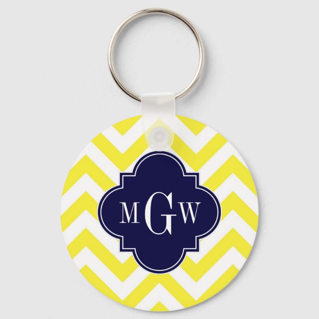 Gelbe Zickzack Navy-Quatrefolie 3 Monogramm Schlüsselanhänger (Vorderseite)