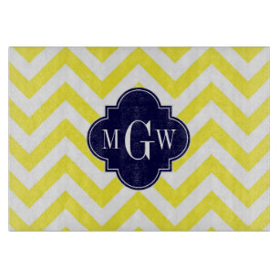 Gelbe Zickzack Navy-Quatrefolie 3 Monogramm Schneidebrett