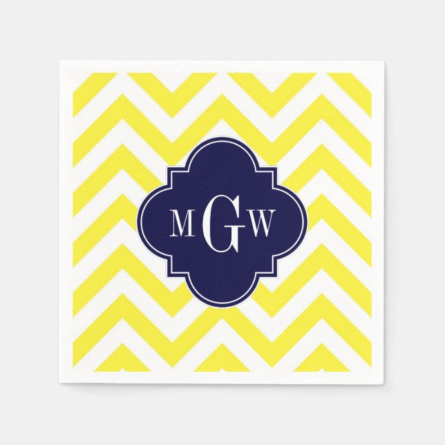 Gelbe Zickzack Navy-Quatrefolie 3 Monogramm Serviette (Vorderseite)