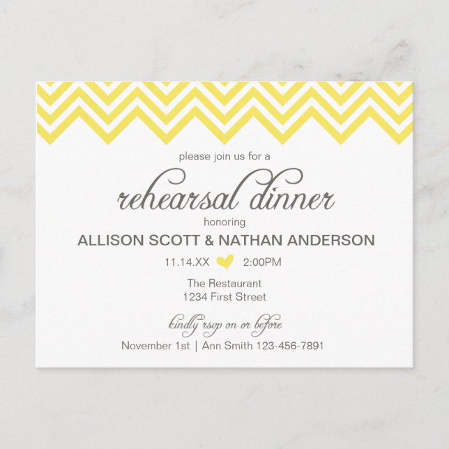 Gelbe Zickzack Probe Abendessen Einladung Postkart (Vorderseite)