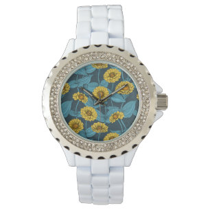 Gelbe Zinnien in dunkelblau Armbanduhr