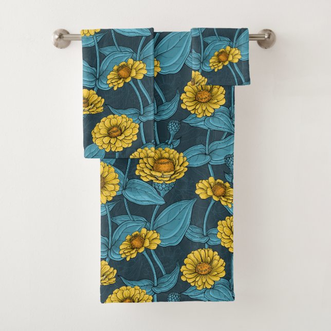 Gelbe Zinnien in dunkelblau Badhandtuch Set (Insitu)