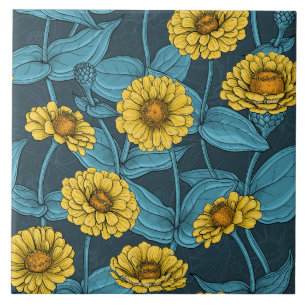 Gelbe Zinnien in dunkelblau Fliese