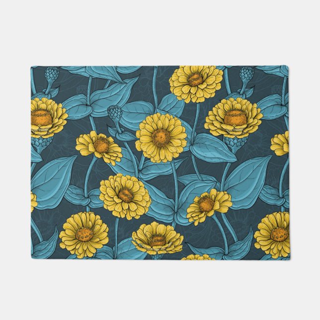 Gelbe Zinnien in dunkelblau Fußmatte (Vorderseite)