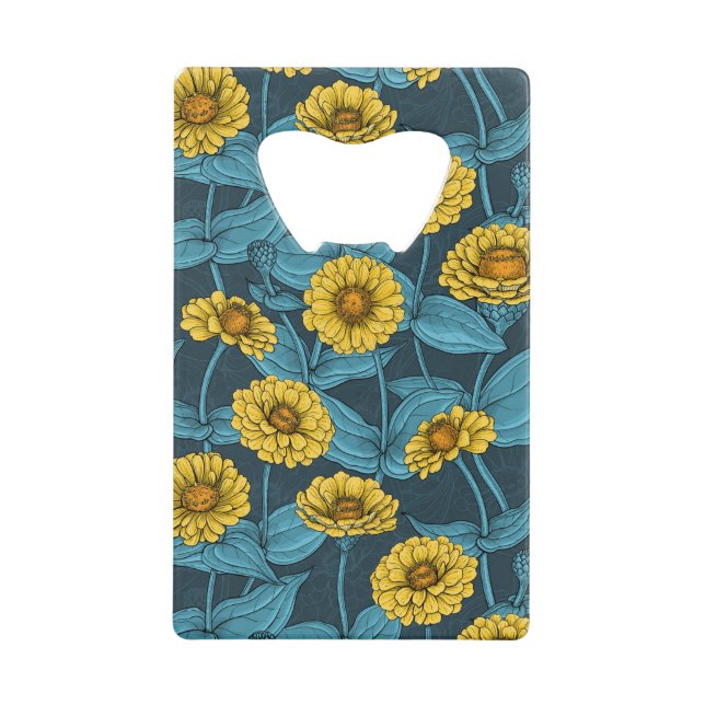 Gelbe Zinnien in dunkelblau Geldbeutel Flaschenöffner (Vorderseite)