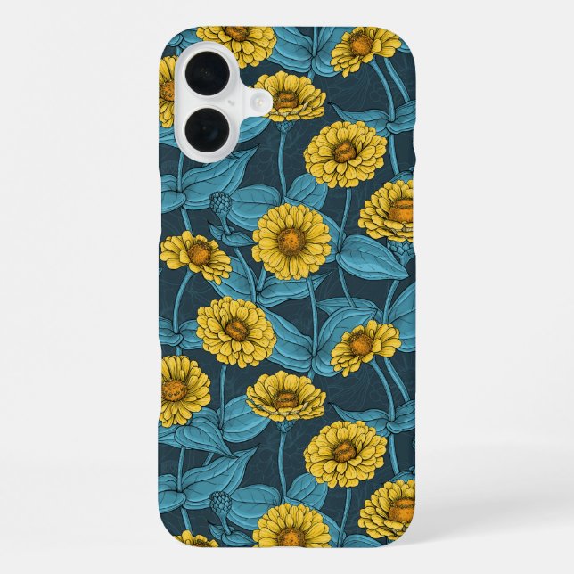 Gelbe Zinnien in dunkelblau iPhone 16 Plus Hülle (Rückseite)