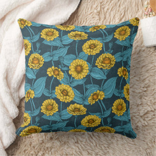 Gelbe Zinnien in dunkelblau Kissen