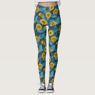 Gelbe Zinnien in dunkelblau Leggings