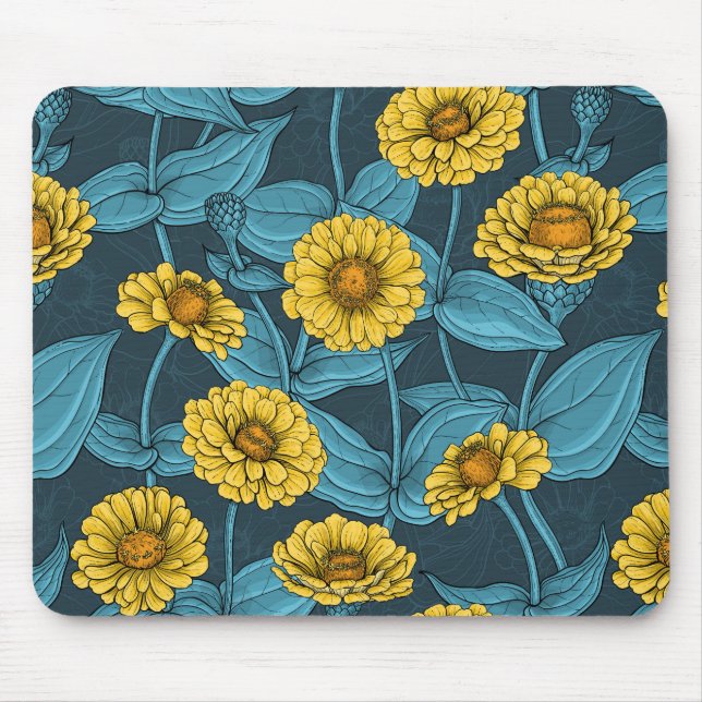 Gelbe Zinnien in dunkelblau Mousepad (Vorne)