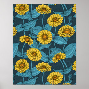 Gelbe Zinnien in dunkelblau Poster