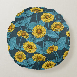 Gelbe Zinnien in dunkelblau Rundes Kissen