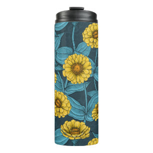 Gelbe Zinnien in dunkelblau Thermosbecher