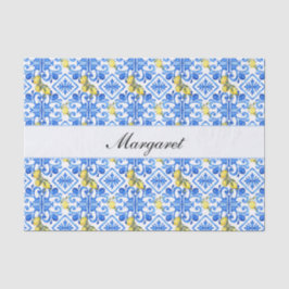 Gelbe Zitrone Blaue Fliese Aquarell-Monogramm-Name Seidenpapier