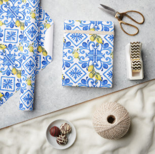 Gelbe Zitrone Blaue Fliese Geschenkpapier