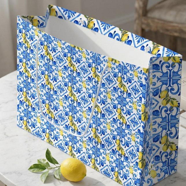 Gelbe Zitrone Blaue Fliese  Große Geschenktüte (Von Creator hochgeladen)
