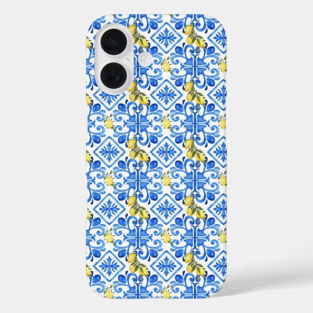 Gelbe Zitrone Blaue Fliese  iPhone 16 Hülle (Rückseite)