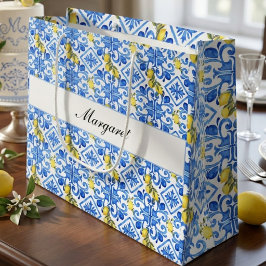 Gelbe Zitrone Blaue Fliese Wasserfarbe Monogramm N Große Geschenktüte