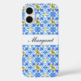 Gelbe Zitrone Blaue Fliese Wasserfarbe Monogramm N iPhone 16 Hülle