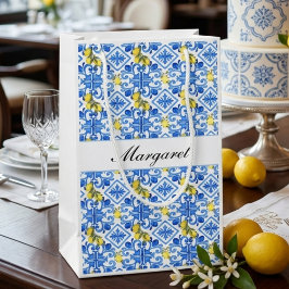 Gelbe Zitrone Blaue Fliese Wasserfarbe Monogramm N Kleine Geschenktüte
