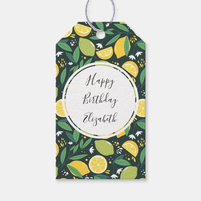 Gelbe Zitrone und Limones Fruchtfuttermuster Gebur Geschenkanhänger (Vorderseite)