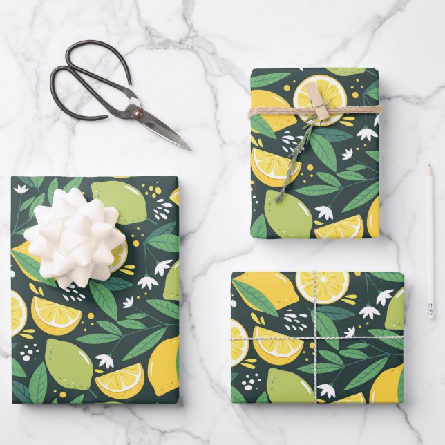 Gelbe Zitrone und Limones Fruchtmuster Geschenkpapier Set (Vorderseite)