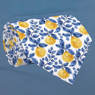 Gelbe Zitronen blaues Blattwerk mediterrane Amalfi Krawatte