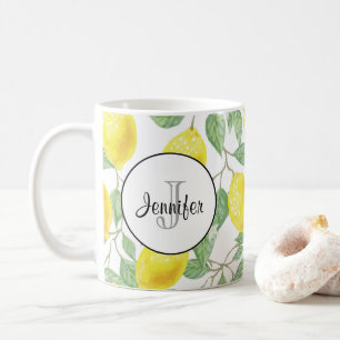 Gelbe Zitronen mit grünen Blätter Muster Monogramm Kaffeetasse