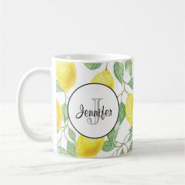 Gelbe Zitronen mit grünen Blätter Muster Monogramm Kaffeetasse