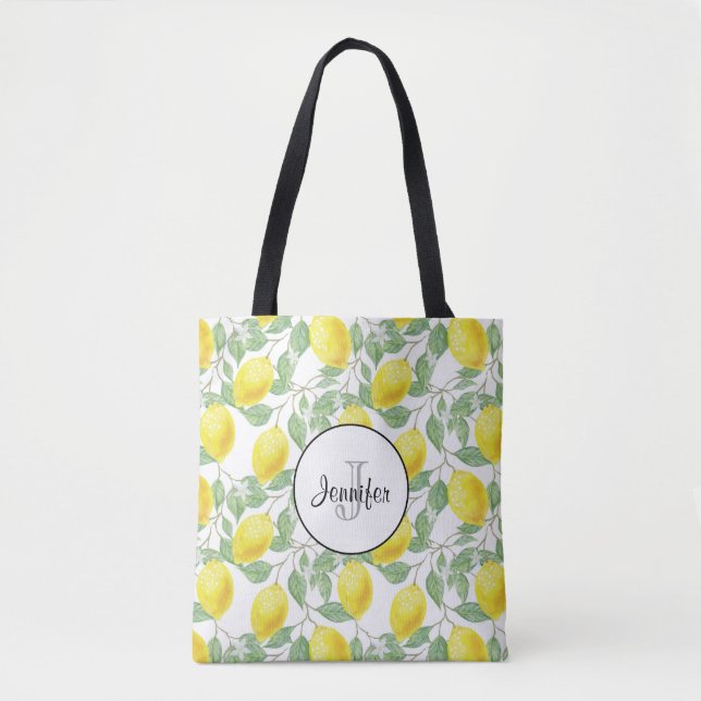 Gelbe Zitronen mit grünen Blätter Muster Monogramm Tasche (Vorderseite)