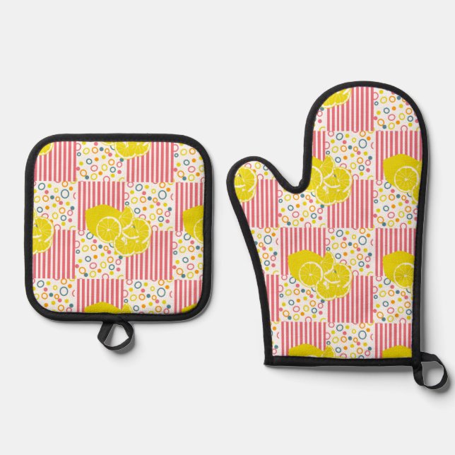 Gelbe Zitronen Rosa Streifen Ofenhandschuh & Topflappen-Set (Vorderseite)