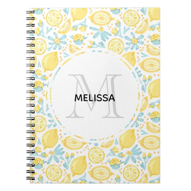 Gelbe Zitronen und pastellblaue Blumen Monogramm N Notizblock (Vorderseite)