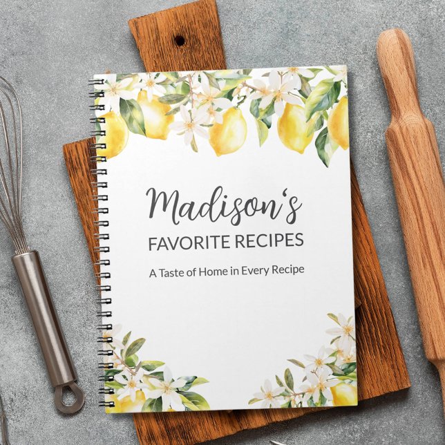 Gelbe Zitronen und weiße Blume Rezept Notizblock (In situ)