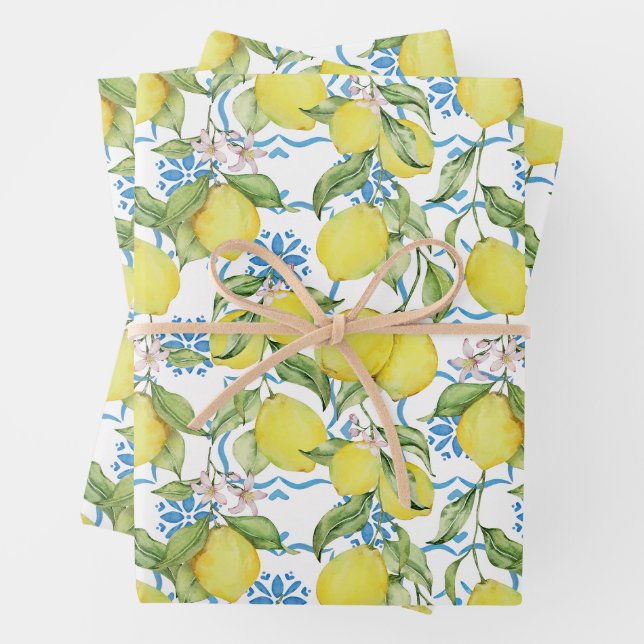 Gelbe Zitronen und Zitronen-Blume Geschenkpapier Set (Beispiel)