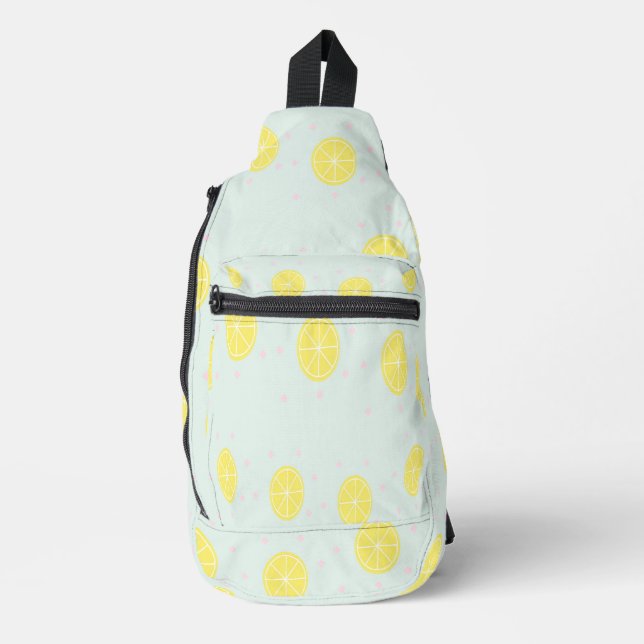 Gelbe Zitronenscheiben auf blau Crossbody Bag (Vorderseite)