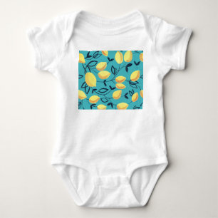 Gelbe Zitronenspinnmuster auf Türkis. Baby Strampler