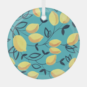 Gelbe Zitronenspinnmuster auf Türkis. Ornament Aus Glas