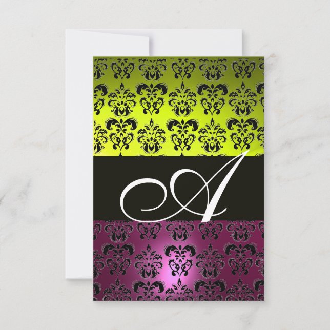 GELBEN PINK LILA SCHWARZES DAMASK MONOGRAMM fuchsi Einladung (Vorderseite)