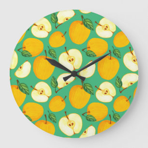 Gelber Apfel: Saftiges Aquarellmuster. Große Wanduhr