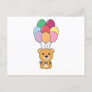 Gelber Bär fliegt mit farbenfrohen Balloons auf Postkarte