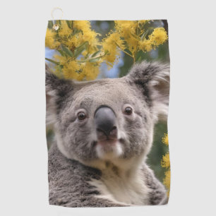 gelber, blühender Wattbaum mit Koala, Golfhandtuch