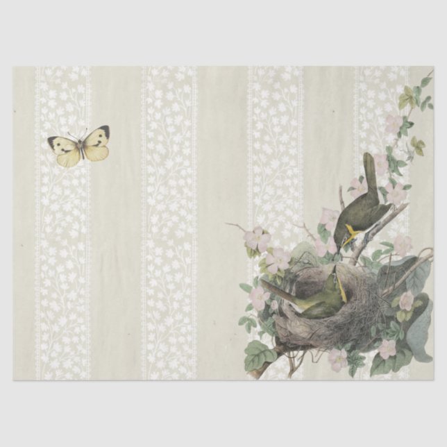 Gelber Chat Bird Nest Butterfly Decoupage Lace Seidenpapier (Vorderseite)