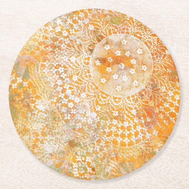 Gelber Doily Monoprint Entwurf Runder Pappuntersetzer (Vorderseite)